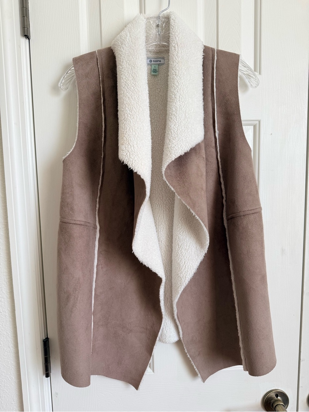 Susina Taupe Suede-Look Sherpa Vest with Cream Lining